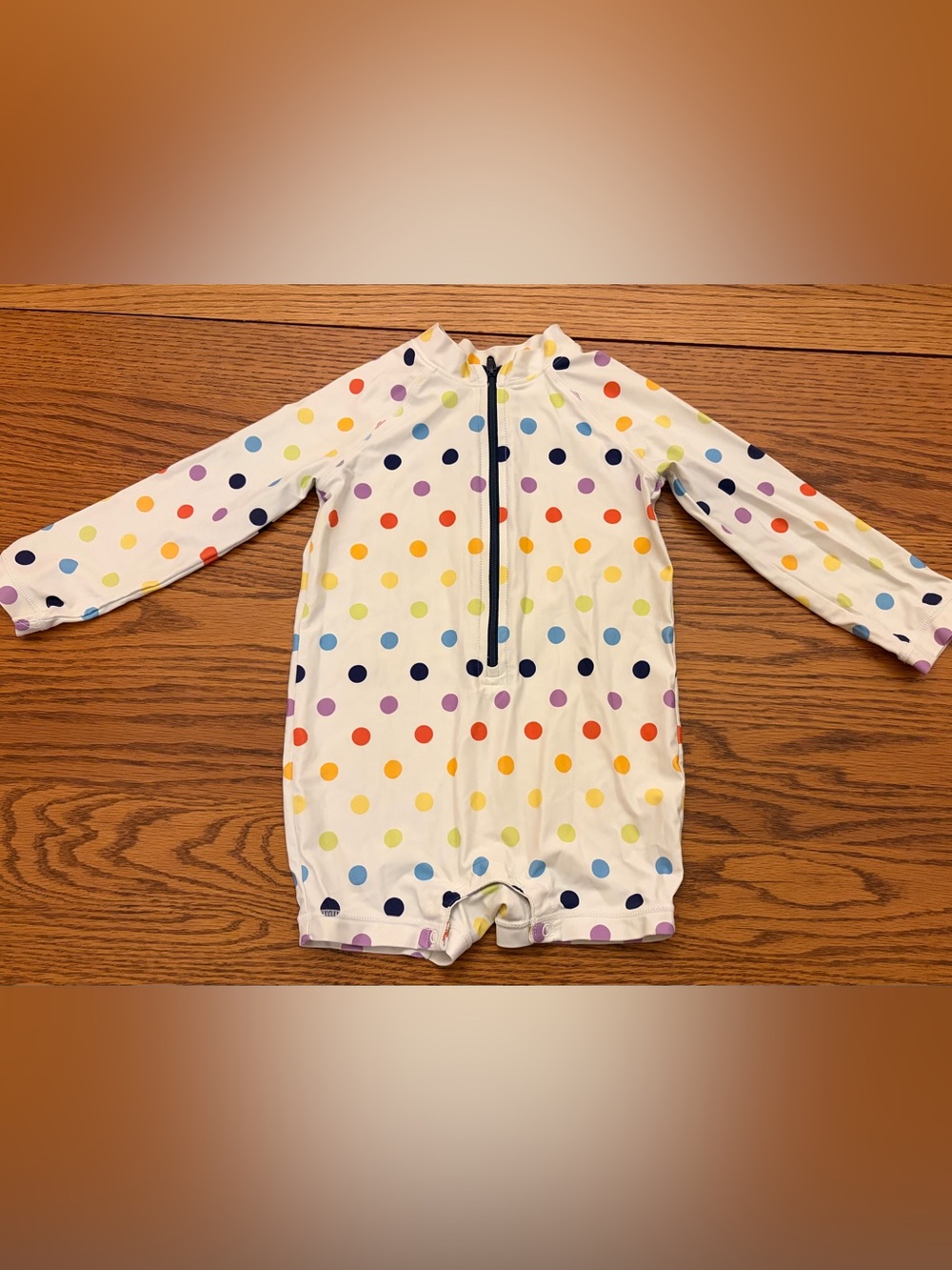 Primary White Long-Sleeve One-Piece Rash Guard with Multicolor Polka Dots